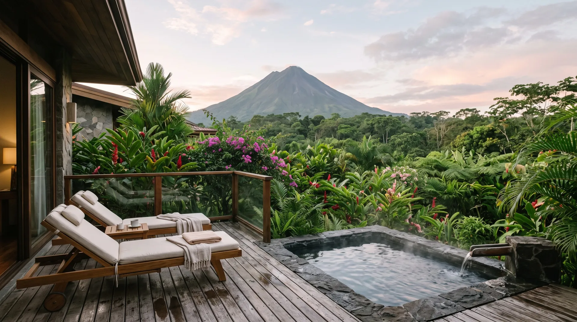 Steaming stone plunge pool on a rainforest terrace facing a volcano