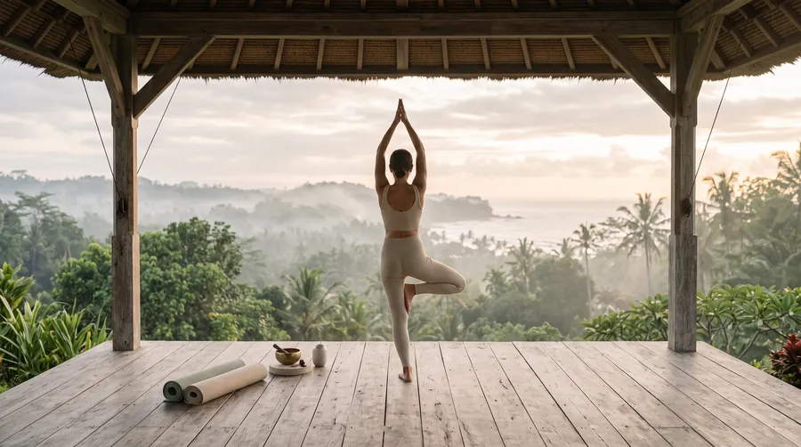 Open-air yoga pavilion above misty tropical forest at sunrise