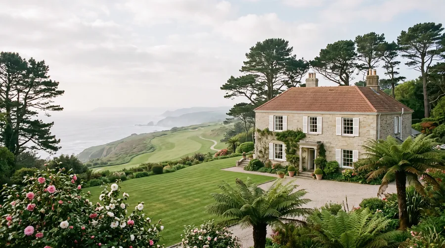 Manor house among camellias and lawns above the Atlantic in mild winter light